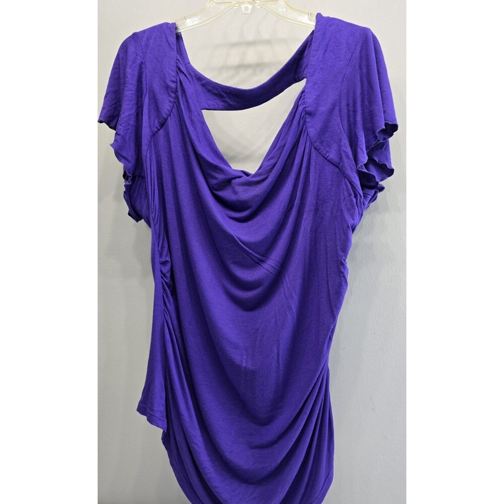 Dots Ruched Purple Top Size 1X Flutter Sleeve Fairy Shirt Draped Neckline Whimsy